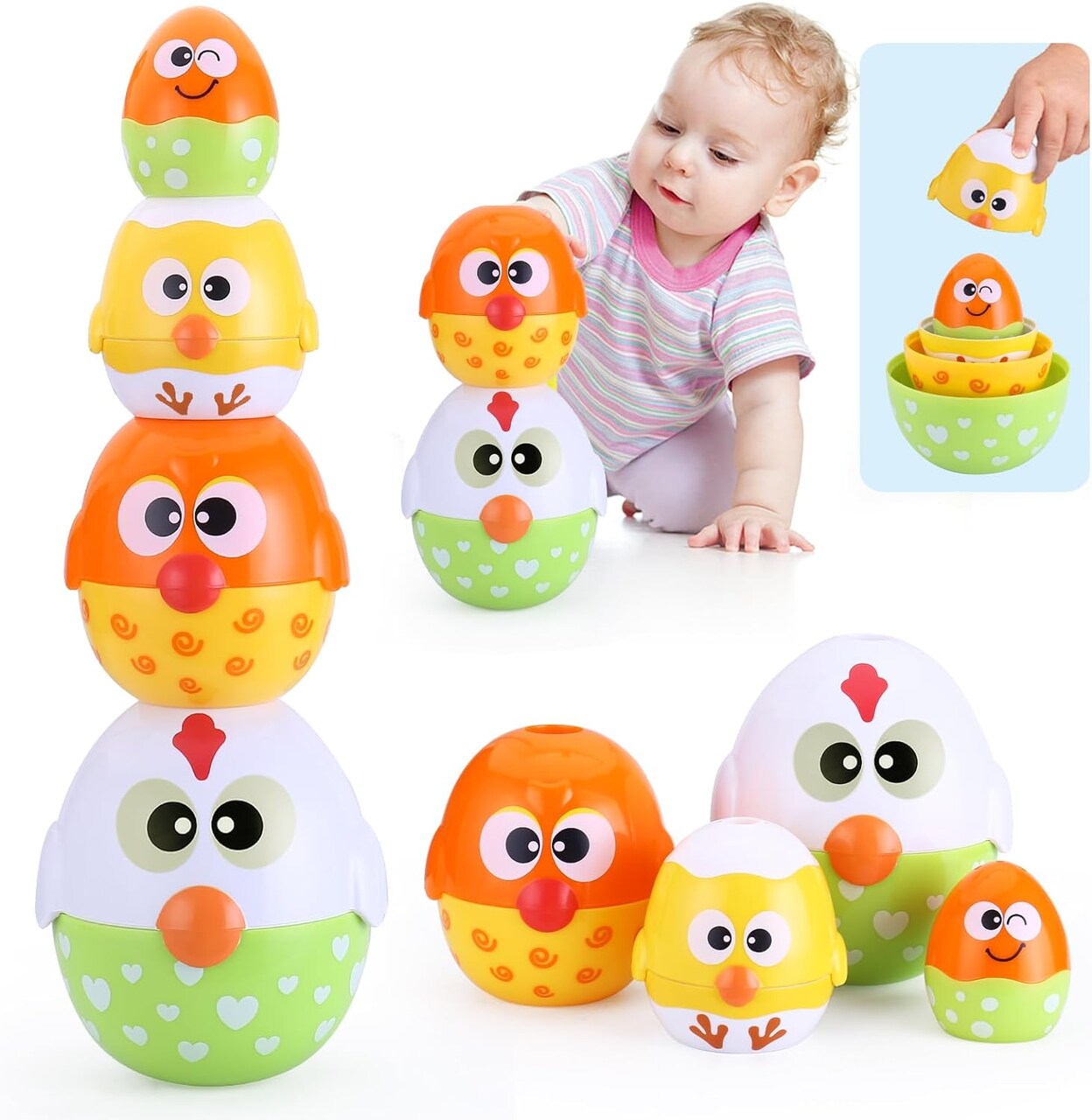 Chicken Toddler Easter Eggs Toys, Nesting Dolls Stacking Toys for Toddlers 1-3 Matching Shape Sorters Sensory Preschool Learning Baby Easter